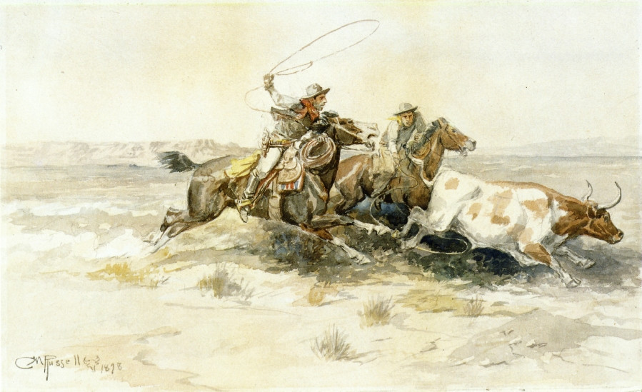 Roping the cow - Charles Marion Russell Paintings